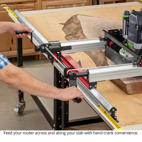 Person using Slab Flattening Mill Pro Extended With EZ Drive Router Sled For Precision Leveling Of Live Edge Slabs And Large Panels