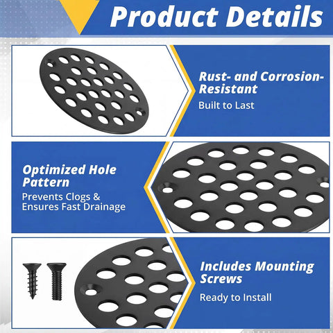 2 Pack 4 Inch Matte Black Stainless Steel Drain Cover Round 304 Rustproof Shower Floor Drain Cap Screw In Clog Guard Built Like A Tank Zero Hassle Install Flawless Flow with optimized hole pattern.