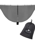 No-See-Um Hammock Mosquito Net XL 11FT By 4.6FT With 360 Degree Bug Protection Polyester Mesh Dual Sided Diagonal Zipper For Easy Access Fits All Hammocks For Camping shown hanging with storage bag.
