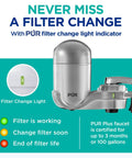 Lead Reducing Faucet Mount Water Filter With Easy Install, 100 Gallon Capacity, featuring filter change indicator light