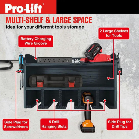 Cordless Drill Organizer Wall Mount Power Tool Storage Rack With Five Hanging Slots Wooden M003W1 featuring multiple tool compartments