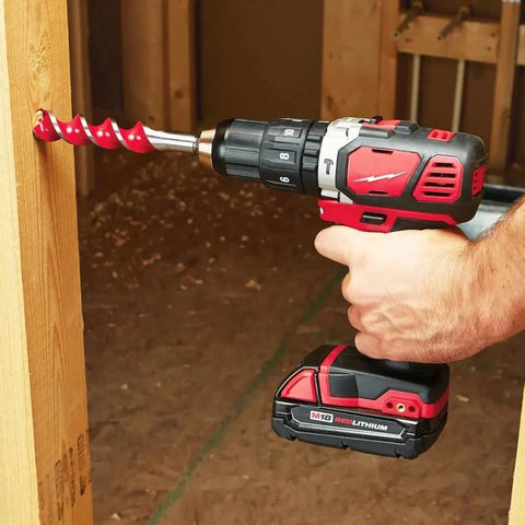 Beefy Compact Cordless Hammer Drill And Driver Kit With Half Inch Chuck And Frameless Motor being used on wood.