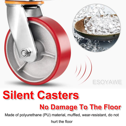 Heavy Duty Swivel Casters Set Of Four With 8 Inch Polyurethane Wheels And Secure Locking Brakes featuring red polyurethane wheel design.