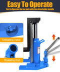 Heavy Duty 20 Ton Toe Jack Lift With 360 Swivel Handle Adjustable Hydraulic Auto Repair Jack Built Tough For No Sweat Lifting And Emergency Vehicle Service Blue showing unloading valve and rotating rod details.