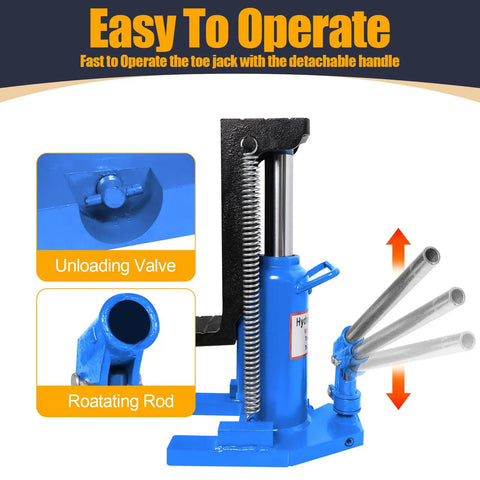 Heavy Duty 20 Ton Toe Jack Lift With 360 Swivel Handle Adjustable Hydraulic Auto Repair Jack Built Tough For No Sweat Lifting And Emergency Vehicle Service Blue showing unloading valve and rotating rod details.