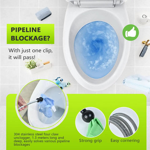 Toilet Auger Drain Cleaner With Flexible Gripper For Snagging Lost Items And Clearing Minor Clogs Quick No Fuss Fix For Drain Problems Economical DIY Plumber Essential For Home Plumbing, shown in use with a toilet bowl background.