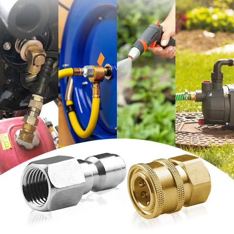 8-pack stainless steel 1/4 in NPT pressure washer quick-connect fittings set; front and close-up views with internal threads