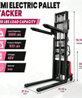 Heavy Duty Semi-Electric Pallet Stacker 3500 Lbs Capacity, detailed specs with height, width, and weight information.