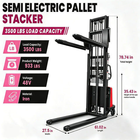 Heavy Duty Semi-Electric Pallet Stacker 3500 Lbs Capacity, detailed specs with height, width, and weight information.