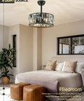Bedroom with Dope Crystal Caged Bladeless Ceiling Fan Light Sleek Modern Black Fandelier and Remote Control
