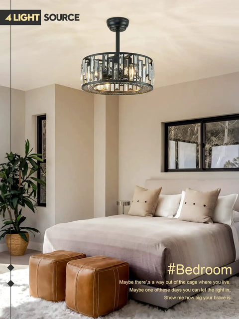 Bedroom with Dope Crystal Caged Bladeless Ceiling Fan Light Sleek Modern Black Fandelier and Remote Control