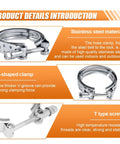 Stainless steel 2.5 Inch V Band Clamp for exhaust systems and downpipes with V-shaped clamp and T type screw detailing.