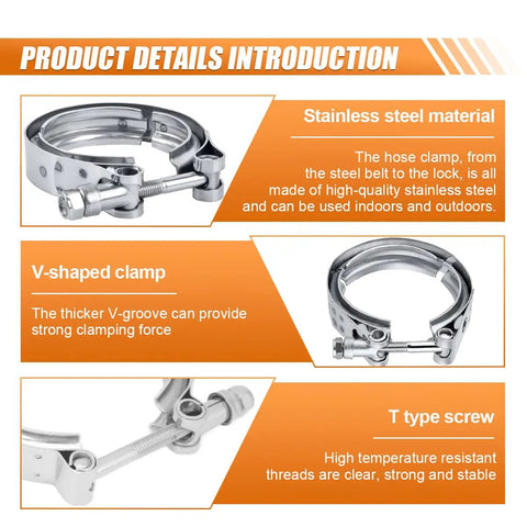Stainless steel 2.5 Inch V Band Clamp for exhaust systems and downpipes with V-shaped clamp and T type screw detailing.