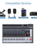 16 Channel Pro Bluetooth Studio Mixer For DJ Setup And Live Sound with 14 mic inputs, 7 band EQ, and compatible devices shown.