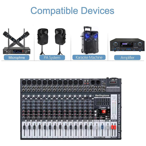 16 Channel Pro Bluetooth Studio Mixer For DJ Setup And Live Sound with 14 mic inputs, 7 band EQ, and compatible devices shown.