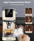 Pro Level Home Barista Vibes 20 Bar Espresso Maker With Swift Milk Frother And Bright LCD Screen showing steam wand and coffee shots.
