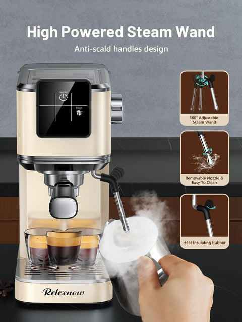 Pro Level Home Barista Vibes 20 Bar Espresso Maker With Swift Milk Frother And Bright LCD Screen showing steam wand and coffee shots.