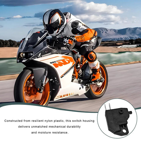 Right Hand Brake Light Switch For Bike Front Hydraulic Master Cylinder Replacement Stop Signal Switch Universal Disc Brake Switch For Bikes And Off Road Rigs next to a racing motorcycle on a track.