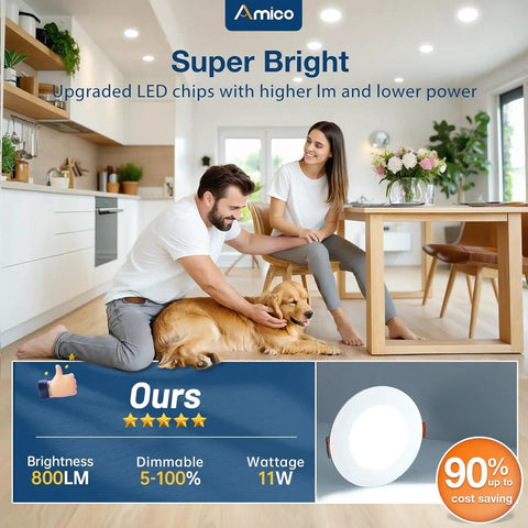 Living room with Six Pack 4 Inch Ultra Thin LED Recessed Ceiling Light With Junction Box Five CCT All In One Switchable visible