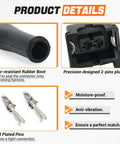 Knockout 10 Piece EV1 Fuel Injector Connectors For Every Ride Solid Gold Plated Pins With Slick Fit Rubber Boots Plug Right Up To Your Wiring Harness And Keep Your Ride Rollin Strong, showing rubber boot, 2-pin plug, and gold plated pins.