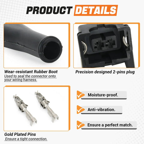 Knockout 10 Piece EV1 Fuel Injector Connectors For Every Ride Solid Gold Plated Pins With Slick Fit Rubber Boots Plug Right Up To Your Wiring Harness And Keep Your Ride Rollin Strong, showing rubber boot, 2-pin plug, and gold plated pins.