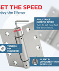 Built Tough Heavy Duty Satin Steel Door Hinges 4.5 Inch self-closing hinge with adjustable speed and tension pin detail.