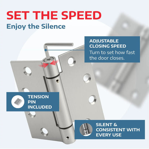 Built Tough Heavy Duty Satin Steel Door Hinges 4.5 Inch self-closing hinge with adjustable speed and tension pin detail.
