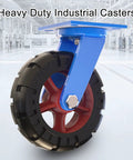 Kickass Heavy Duty Solid Rubber Caster Wheels Set Of 4 Industrial Swivel Plate Casters With Tapered Rollers Dual Wheel Brakes close-up of blue and black caster with red wheel.