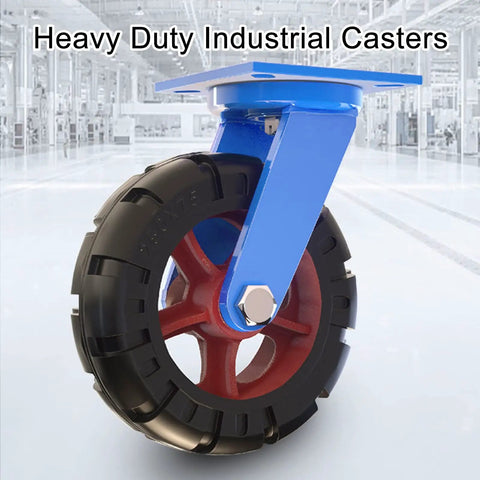 Kickass Heavy Duty Solid Rubber Caster Wheels Set Of 4 Industrial Swivel Plate Casters With Tapered Rollers Dual Wheel Brakes close-up of blue and black caster with red wheel.