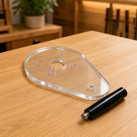 Straight Up Precision Replacement Router Base Plate For Compact Power Tools, 6 By 9 Inch clear acrylic with sub mount on wooden surface.
