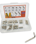All In One Hex Socket Screws Set 50 Pcs Eight Size Assortment 1/4-20 Thread Cup Point Grub Screws 304 Stainless Steel With 1/4 Inch Allen Keys For Bathroom Fixtures Doors Handles Strips Poles Racks in transparent plastic case with Allen key