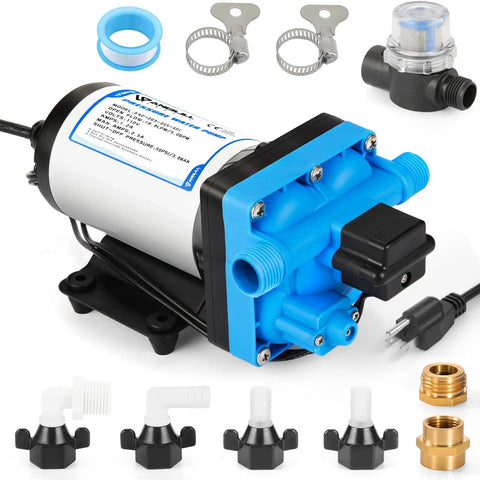 Self Priming Water Pump 110V, Five Gallons Per Minute At Fifty Five PSI, Industrial Diaphragm Pump For Liquid Transfer with adapters