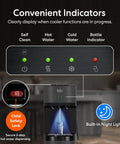 Self Cleaning Bottom Loading Water Cooler Dispenser in Black Stainless Steel showing function indicators and safety features.