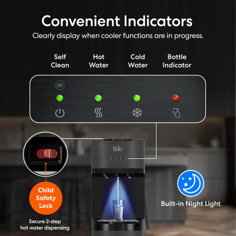 Self Cleaning Bottom Loading Water Cooler Dispenser in Black Stainless Steel showing function indicators and safety features.
