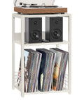 Large White Record Player Stand With 3 Tier 18 Inch Wide End Table For Vinyl Storage Up To 130 Albums Sturdy Industrial Style Turntable Table And Modern Side Table For Living Room Bedroom Or Office, front view with turntable and records