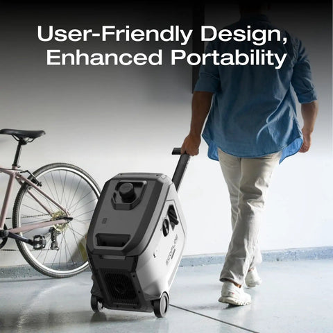 Man easily transporting 4096Wh Delta Pro 3 Power Station With 3200W Dual Fuel Generator on wheels, showcasing portability.