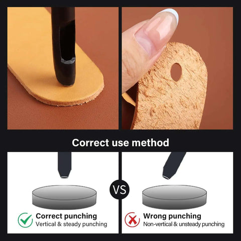 Eight Size Oval Leather Hole Punch Set 2x4mm To 6x10mm Made From Carbon Steel for belt holes crafting showing correct punching method