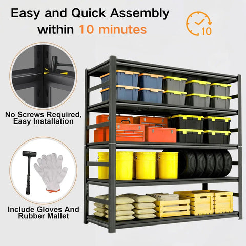 Heavy Duty 5 Tier Garage Shelving Unit 88 Inch High Industrial Storage Shelf With Adjustable Posts holding tools and boxes