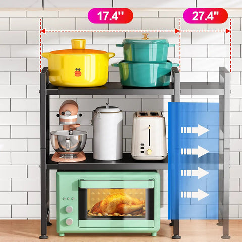 Heavy Duty Microwave Stand With Expandable 3 Tier Frame And Adjustable Height For Tight Kitchen Counters Nine Hanging Hooks And Cutting Board Rack Holds A Ton Up To 180 Pounds In Matte Black