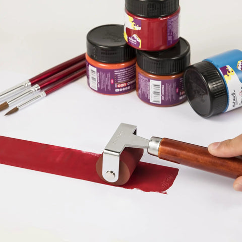 Soft Rubber Brayer Roller With Wooden Handle For Printmaking And Inking Blocks, Smooth Ink Roller For Carved Surfaces in use