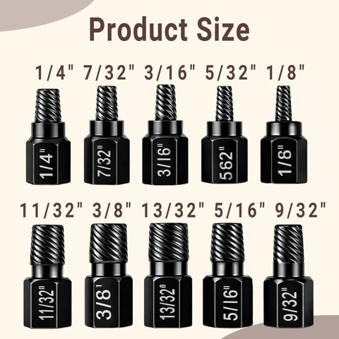 Beast 10 Piece Screw Extractor Kit for Stripped Bolts and Nuts with ten sizes from 1/8 to 13/32 inch displayed in hex head design