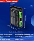 DM556 Digital CNC Stepper Motor Driver with product parameters, dimensions, and connection ports for Nema 17 23 and 34 motors.
