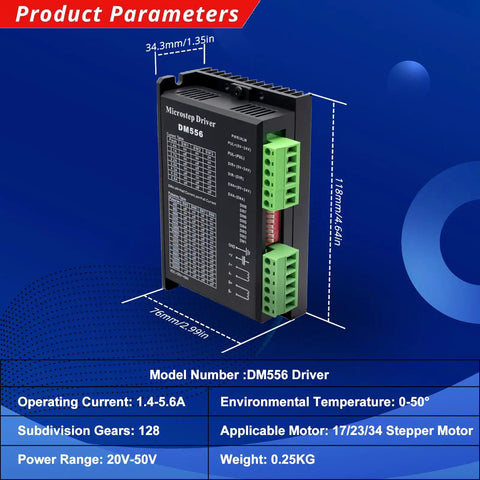 DM556 Digital CNC Stepper Motor Driver with product parameters, dimensions, and connection ports for Nema 17 23 and 34 motors.