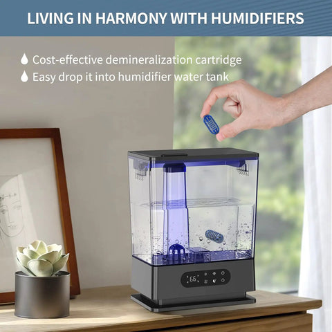 Hand dropping 20 Pack Demineralizer Cartridges For Ultrasonic Humidifiers Replacement Tablets into humidifier water tank.