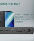 Thunderbolt 4 Docking Station Delivers Smooth Dual 4K 8K Display Setup with devices and chargers shown.