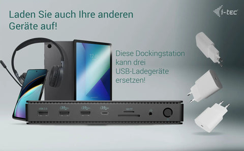 Thunderbolt 4 Docking Station Delivers Smooth Dual 4K 8K Display Setup with devices and chargers shown.