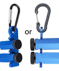 Built Rock Solid Aluminum Stair Gauges For Framing Square Non Slip Layout Stops With Carry Holder Heavy Duty Carpenter Marking Tools Dead On Accuracy Smooth Woodworking Setup Blue showcased with carabiner clips.