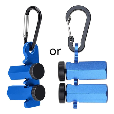 Built Rock Solid Aluminum Stair Gauges For Framing Square Non Slip Layout Stops With Carry Holder Heavy Duty Carpenter Marking Tools Dead On Accuracy Smooth Woodworking Setup Blue showcased with carabiner clips.