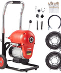 Heavy Duty Electric Sewer Snake Drain Cleaner Machine With 120 Ft Steel Cable And 1100 Watt Motor, tools and accessories included.