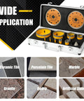Get Your Renovation Done Right With This Badass 14 Pc Diamond Tile Hole Saw Kit Including Sizes From 6 Mm To 100 Mm Plus Chamfer Bits And Heavy Duty Diamond Blade For Smooth Drilling In Marble Ceramic And Porcelain Tile No Sweat Guaranteed, displayed in a metal case with various drill sizes.